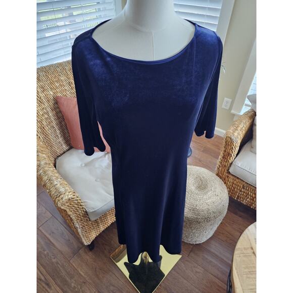 Lands' End Navy Blue Velour Fit Flare Stretch Boat Neck Dress Holiday Small - Picture 2 of 11